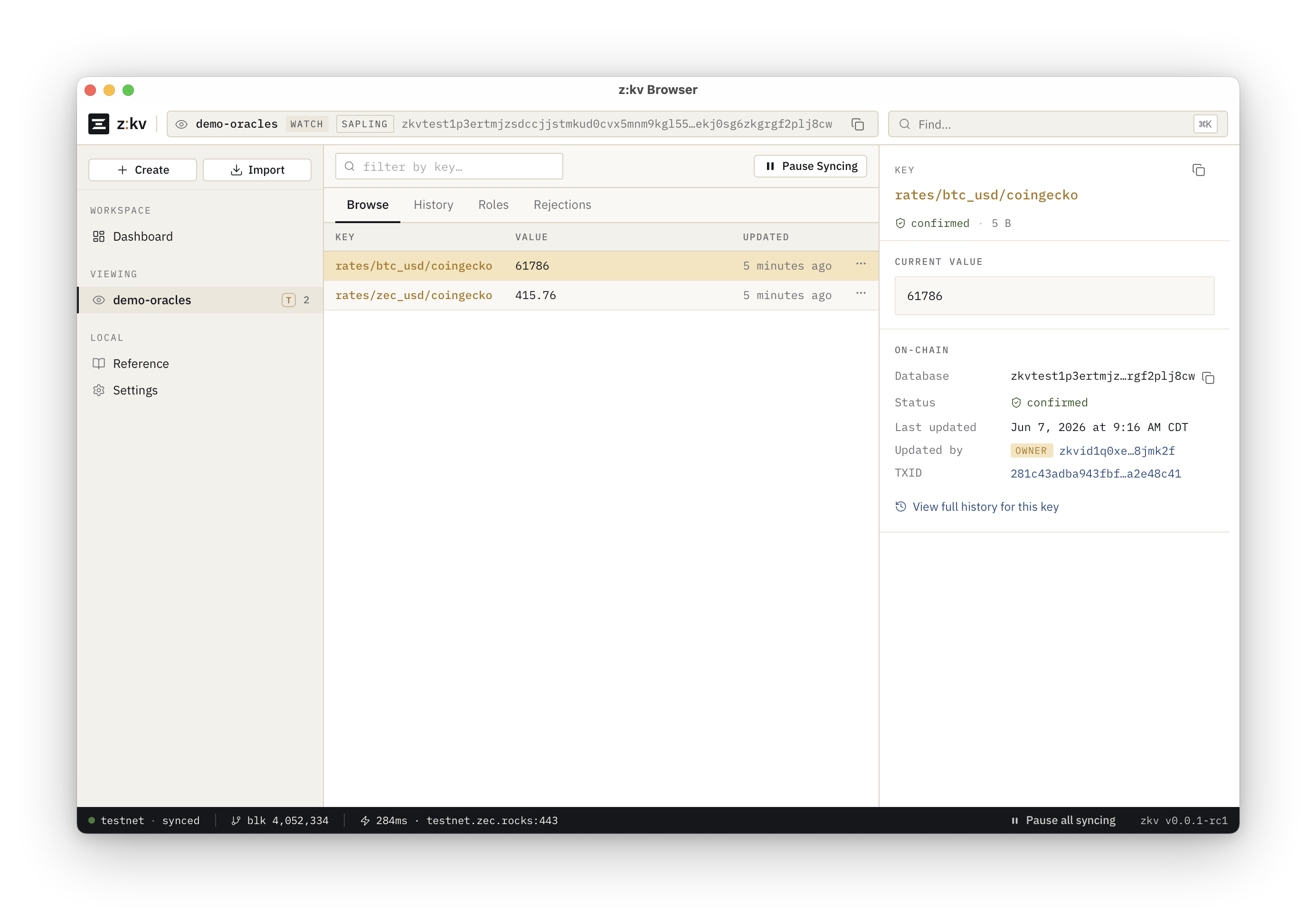 z:kv Browser: Funding tab showing a confirmed deposit
